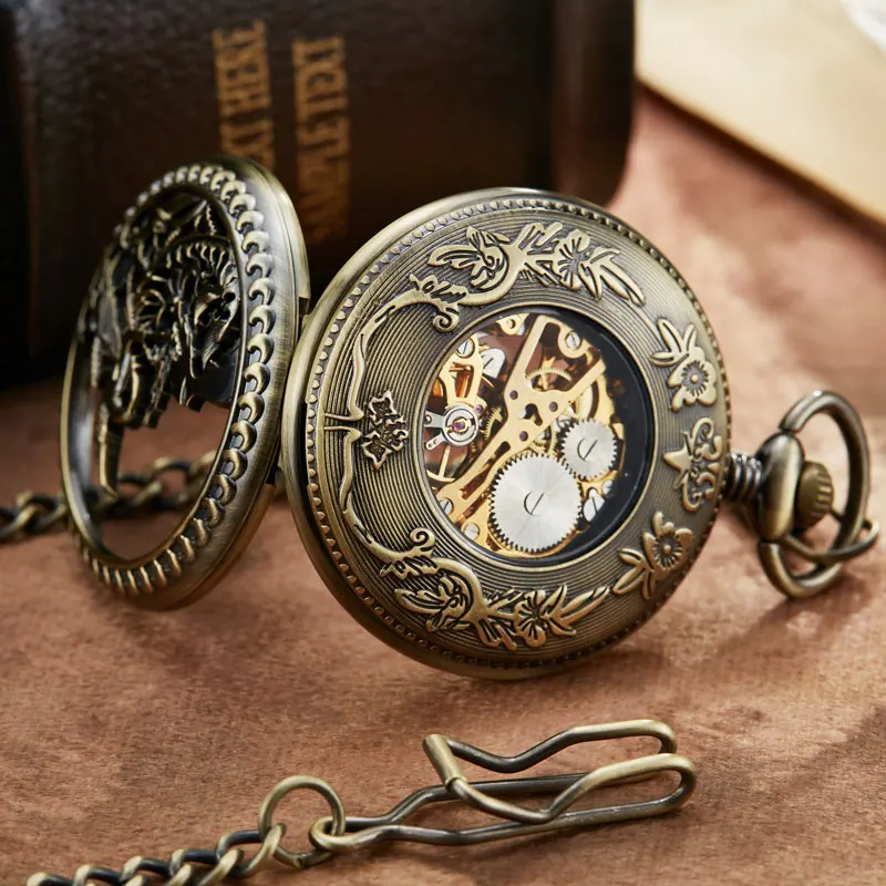 Vintage Mechanical Pocket Watch Hollow Phoenix Bird Roman Skeleton Clock Hand Winding Men Fob Chain Watches Double Case Clock