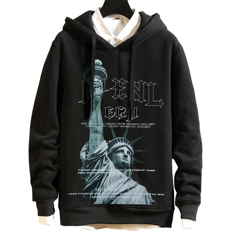 Мужская зимняя одежда с круглым вырезом 8xl 9xl, мужское шерстяное худи с подкладкой, верхняя одежда с принтом Статуя Свободы - Цвет: Черный