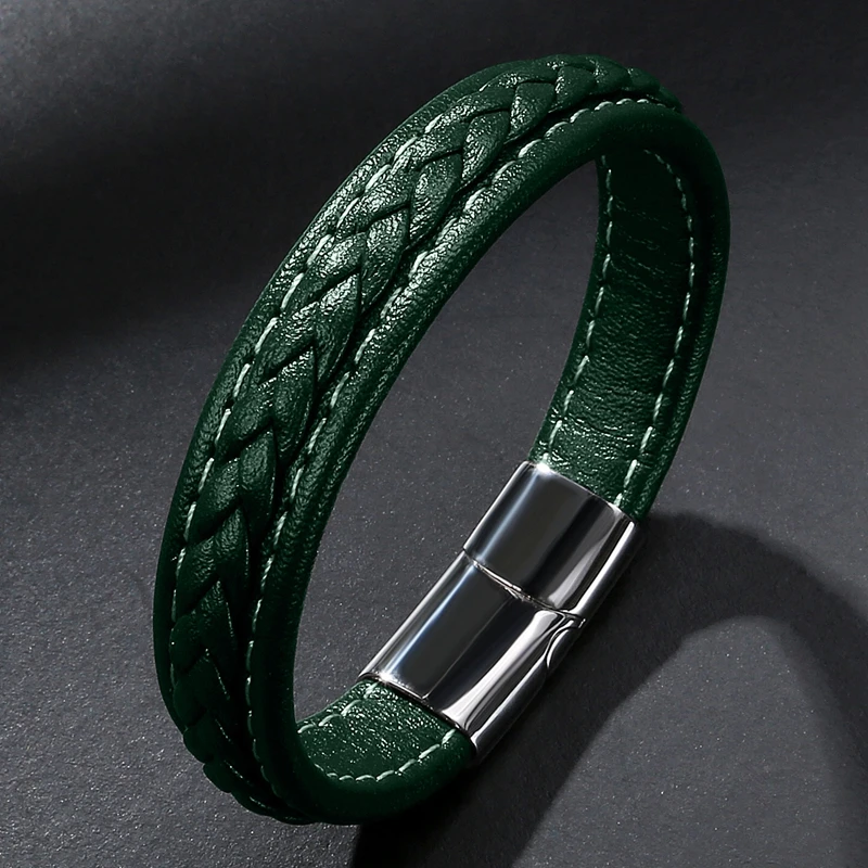 MOZO FASHION Retro Men Jewelry Braided Leather Bracelet Women Handmade Bracelet Trendy Stainless Steel Clasp Wrist Band Green