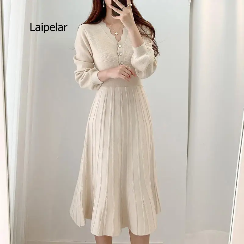 

Vintage Elegant Knitted Beige Midi Dress 2021 New Autumn Long Sleeve Slim Woman Sweater Dresses One-Piece Woman Pleated Dress