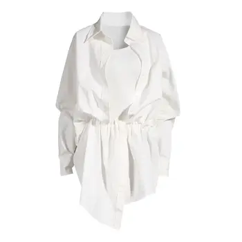 

White Irregular Shirt Dress Woemn Medium Long Fake Two-piece Dress