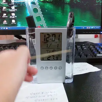 

Desktop Mesh Pen Holder LED Color Light Transparent Electrical Clock Alarm Multifunction Pen Holder Pencil Vase Organizer Case