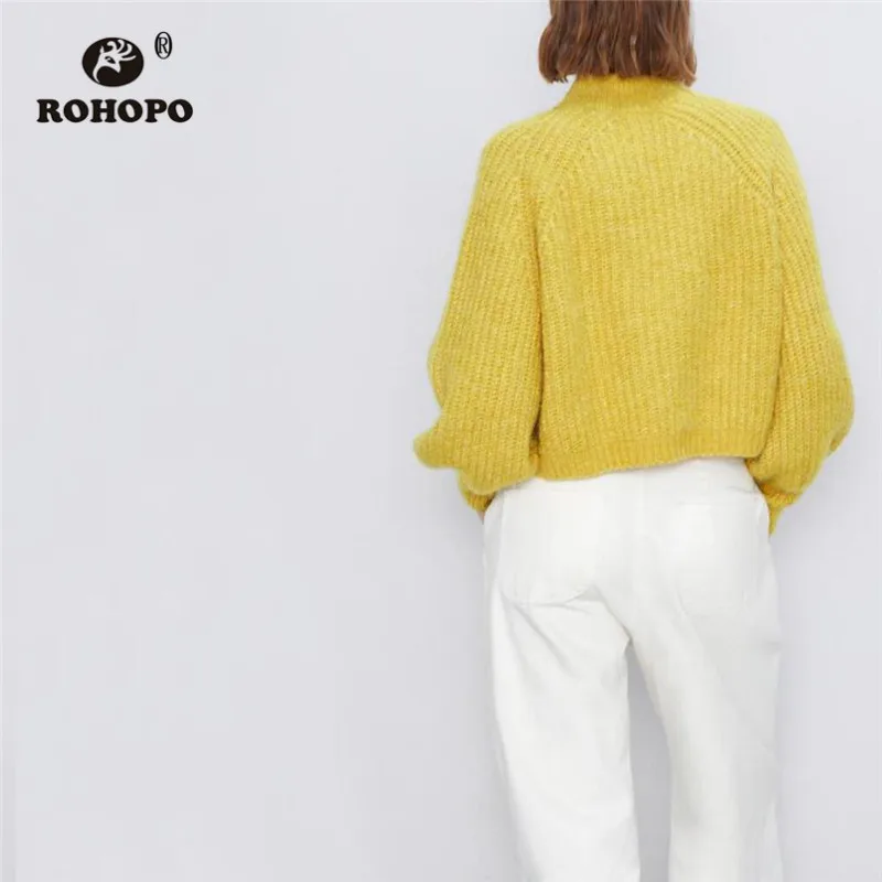 ROHOPO, длинный рукав, круглый воротник, однотонный желтый свитер, розовый/серый, осень/зима, женский свободный вязаный пуловер,#2389