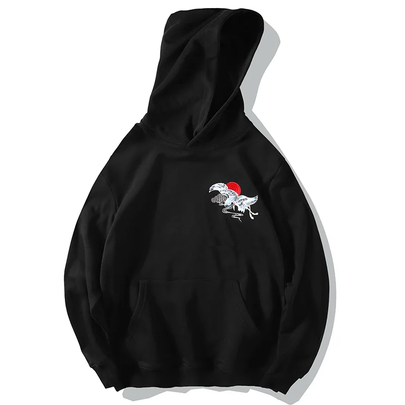 Harajuku Embroidery Crane Rose Hoodies Men Hooded Pullover Sweatshirts Streetwear Hip Hop Casual Black Hoodie Tops WO027