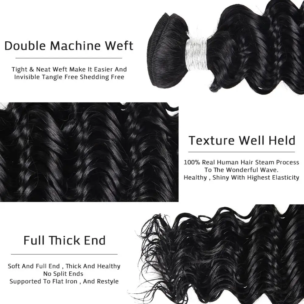 UNA 3 Bundles Human Deep Wave Hair 8"-26" Low Ratio Brazilian Remy Hair Bundles 100% Human 100g Natural Color