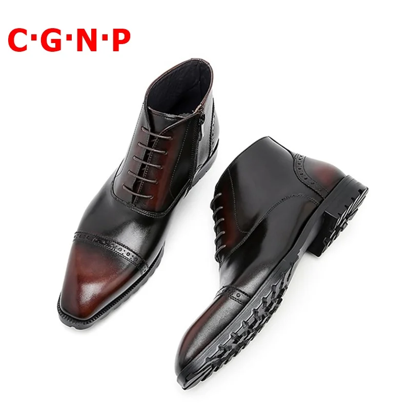 

C·G·N·P Mixed-color Three-joint High-Top Leather Men Shoes Real Cow Leather Ankle Boots Mens Lace-up Boots Retro Working Boots