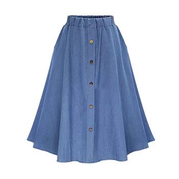 

Women Denim Skirt Solid Color Long Breathable Soft Comfortable Empire Waist Wild Big Hem Casual Button Jeans Skirt New