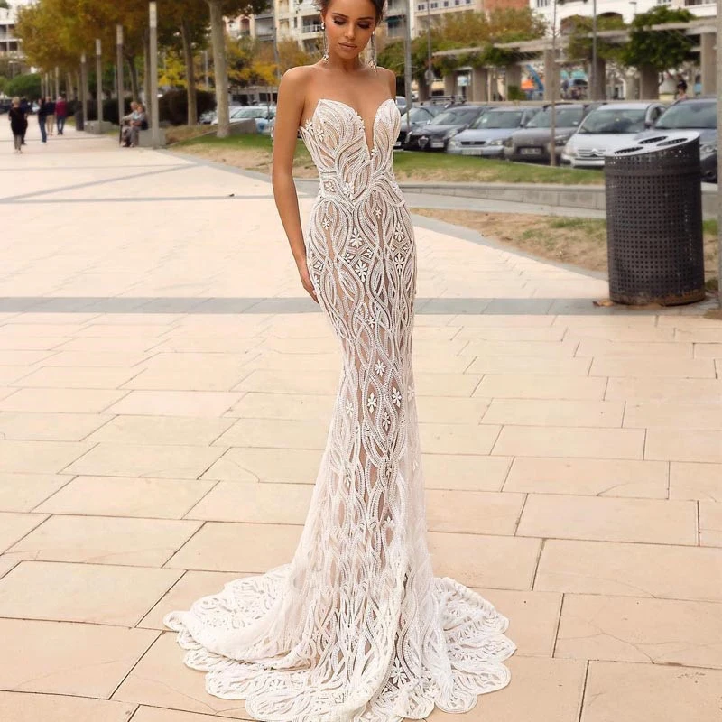 Новое дизайнерское кружевное свадебное платье Русалка Vestido de novia на заказ, свадебное платье из тюля со съемным шлейфом