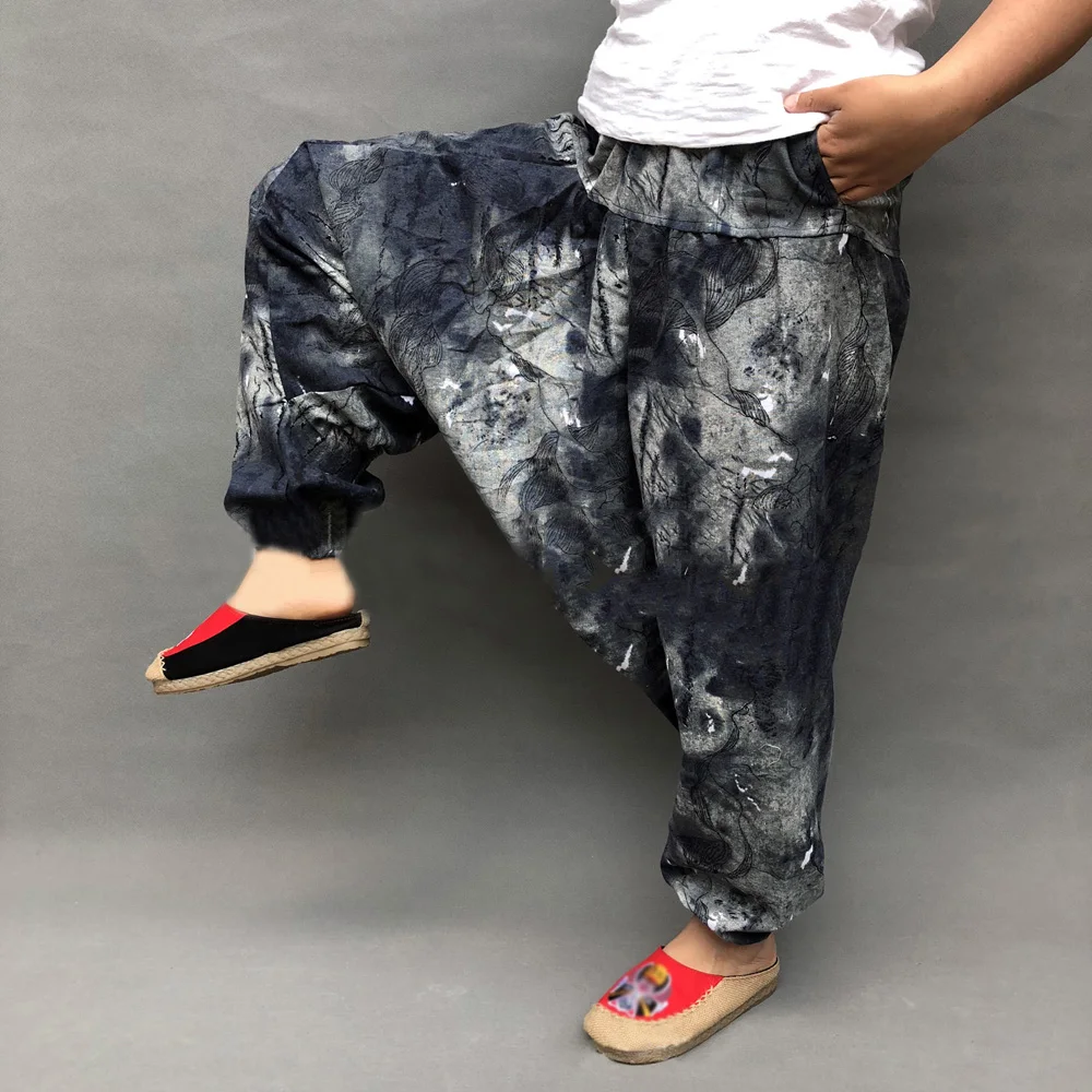 blue harem pants Men Summer Japan Fashion Retro Print Casual Harem Pants Ethnic Style Large Crotch Loose Pants Male Cotton Linen Trouser Pants mens harem joggers