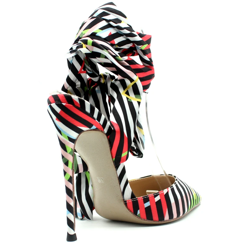 Дизайн; яркие женские босоножки на высоком каблуке с ремешком в полоску; женские модельные туфли с ремешком на щиколотке; высота каблука по индивидуальному заказу