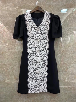 

2020 Spring and Summer New Women's V-neck Lace Embroidery Color Mosaic Decoration Short Sleeve Dress 413