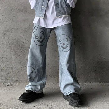 

Smiley Faces Full Print Baggy Jeans Mens Streetwear Hip Hop Loose Straight Lazy Jeans Old School Graffiti Denim Pants men