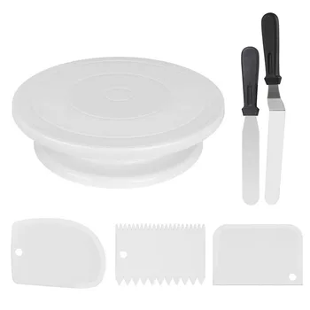 

6pcs DIY Cake Decorating Turntable Set Stainless stee Scrapers Spatula Smoother Rotating Holder Handmade Baking Tools