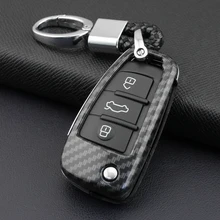 

Flip Key Cover Chain For Audi A1 A3 Q3 Q7 TT Carbon Fiber Keychain Ring Hard Case Fob Shell