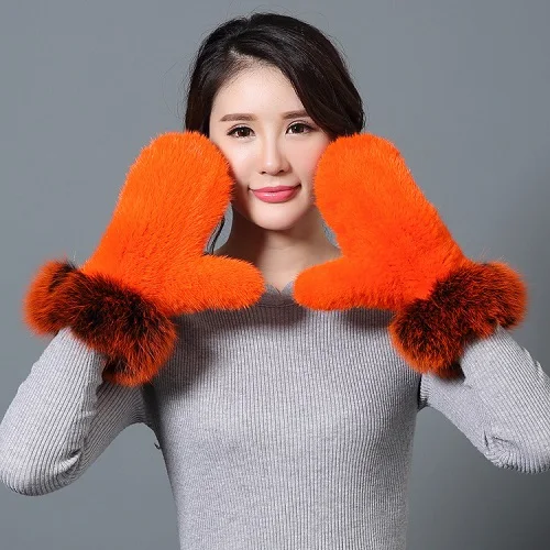 Orange Женские перчатки из натурального меха норки настоящие манжеты из лисьего меха вязаные митенки полный палец ручной работы зимние теплые пушистые мягкие - Цвет: Orange