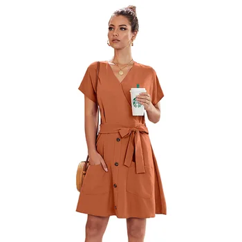 

Madam clothing OWLPRINCESS Loose-Fit Knee-length Skirt Women's 2020 Summer New Style Short Sleeve Lace-up Button Dress