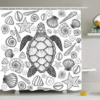 

Shower Curtain Set with Hooks 72x78 Turtle Water Stylized Shells Decoration Coloring Drawn Line Style Nature Vintage Doodle Book