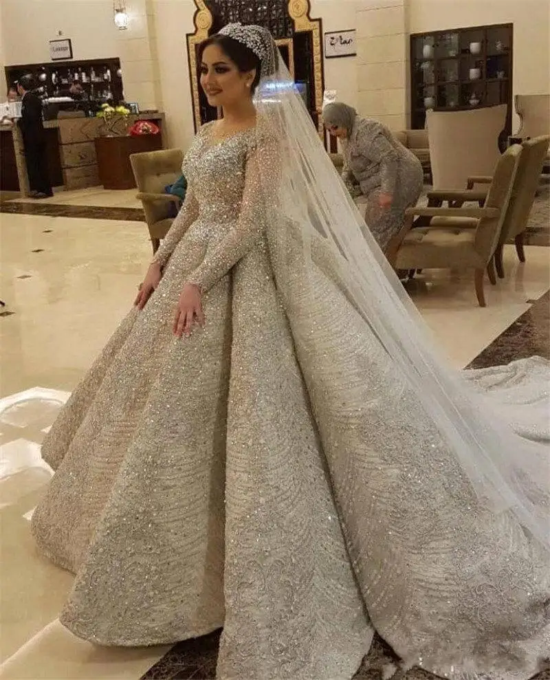 Robe De Mariee роскошное свадебное платье с бусинами, иллюзия, длинный рукав, открытая спина, свадебные платья, платья невесты