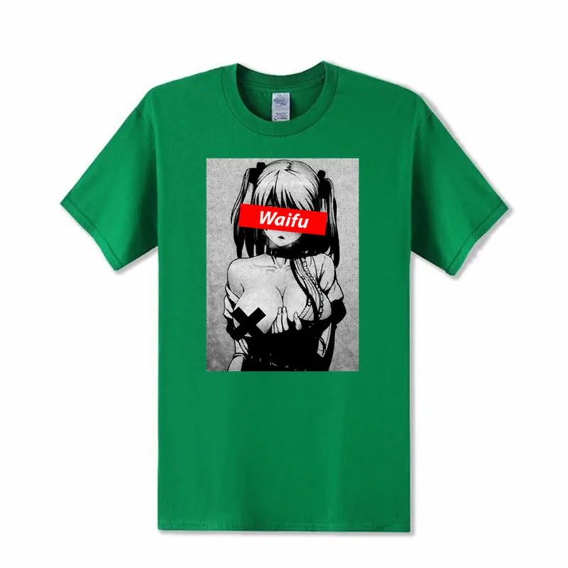 Новейшие Waifu Материал рубашка Otaku Lewd хентай милая девушка аниме Ahegao хлопок футболка для мужчин Уличная Футболка с принтом s - Цвет: Зеленый