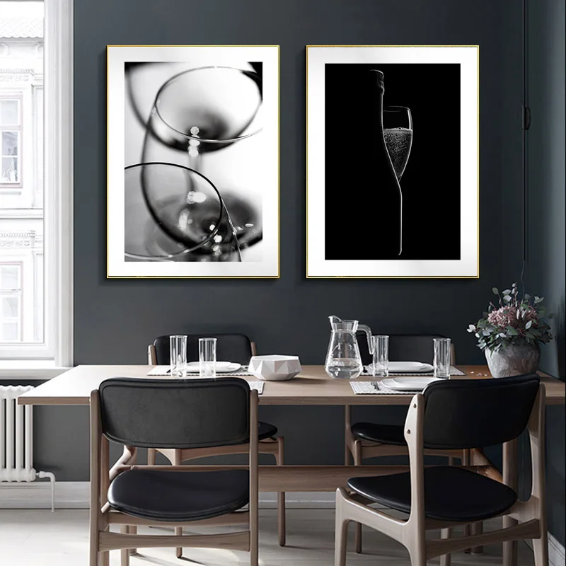 Coffee-Wine-Bread-Kitchen-Poster-Black-White-Drink-Food-Canvas-Print-Wall-Art-Painting-Picture-Dining