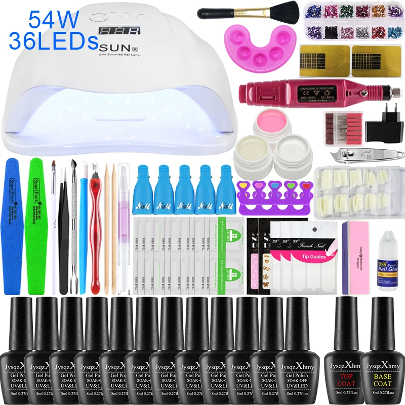 Набор для ногтей 36/48/54 Вт УФ светодиодная лампа для маникюра, набор инструментов электрическая дрель в наборе 12/6 Цвет био-Гели Soak Off Гель-лак для ногтей комплект