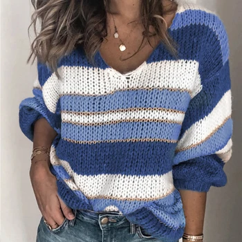 

Casual Women Autumn Long Sleeve V Neck Color Block Hollowed Out Knitted Sweater Ladies color patchwork striped thermal sweater