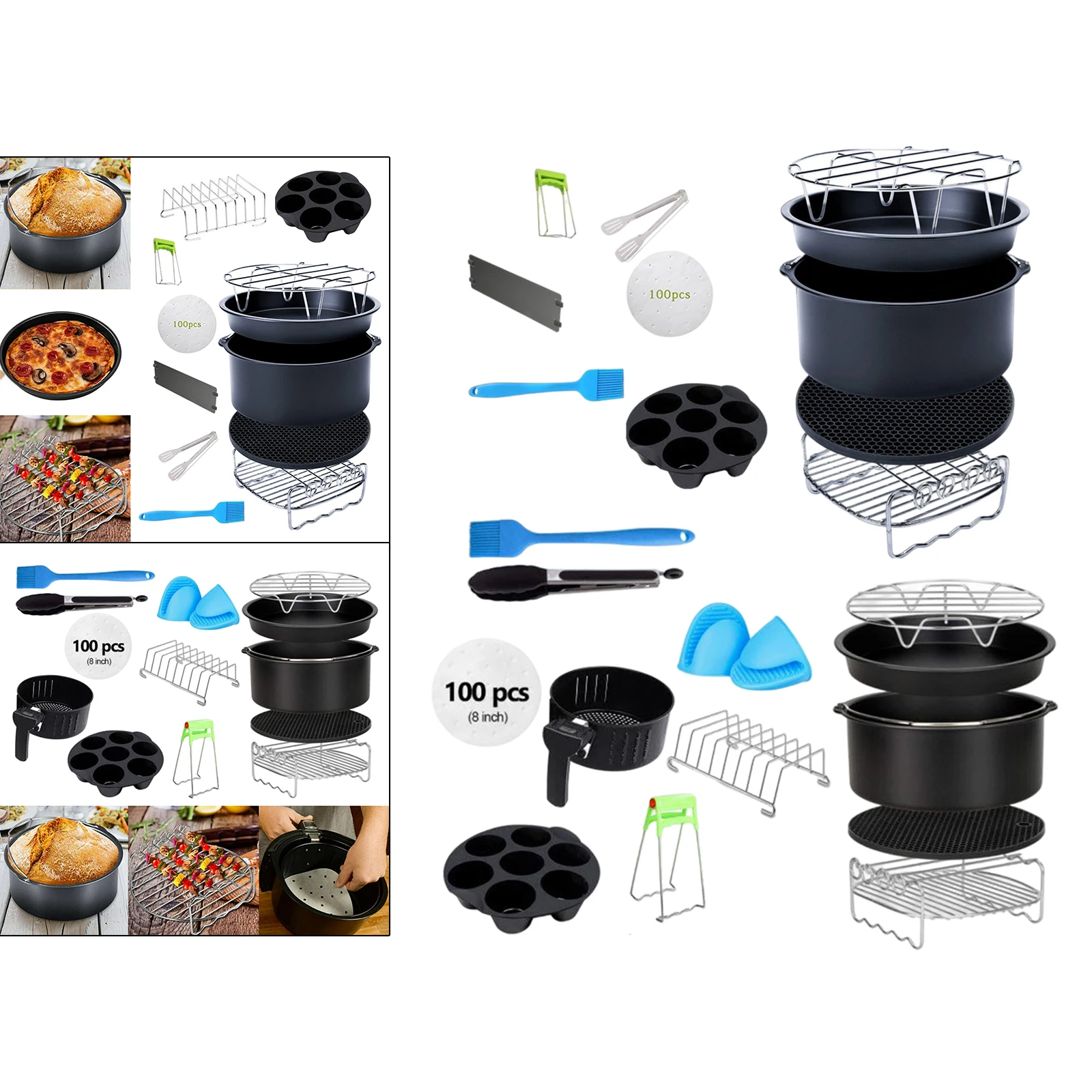 12PC 8 Inch Air Fryer Accs Kits 4.2QT-6.8QT Deep Fryer Pizza Pan Skewers Rack Toasting Rack Food Tongs