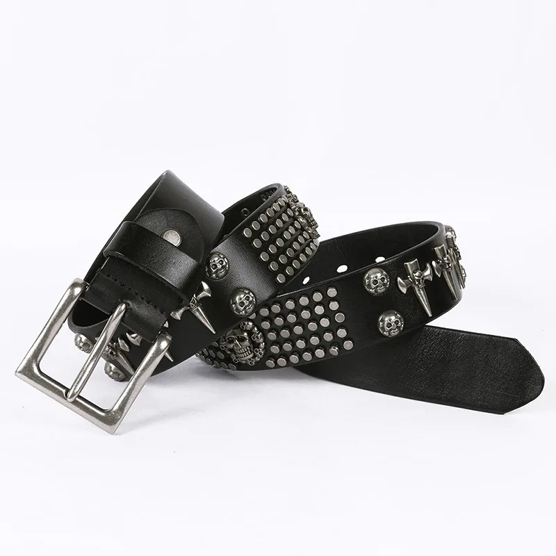 

Head cowhide belt, alloy belt buckle belt, punk rock style dermal man DJ belt skeleton rivet belt waist seal: 100cm-125cm
