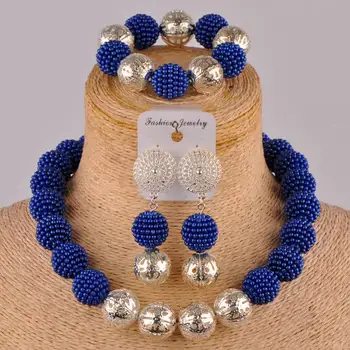 

royal blue and silver costume african set simulated pearl nigerian wedding necklace bridal party jewelry set FZZ88