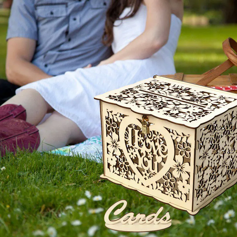 

DIY Wedding Card Hollow Boxes with Lock For Wedding Gift Wooden Money Box Wedding Decrorations for Birthday Party