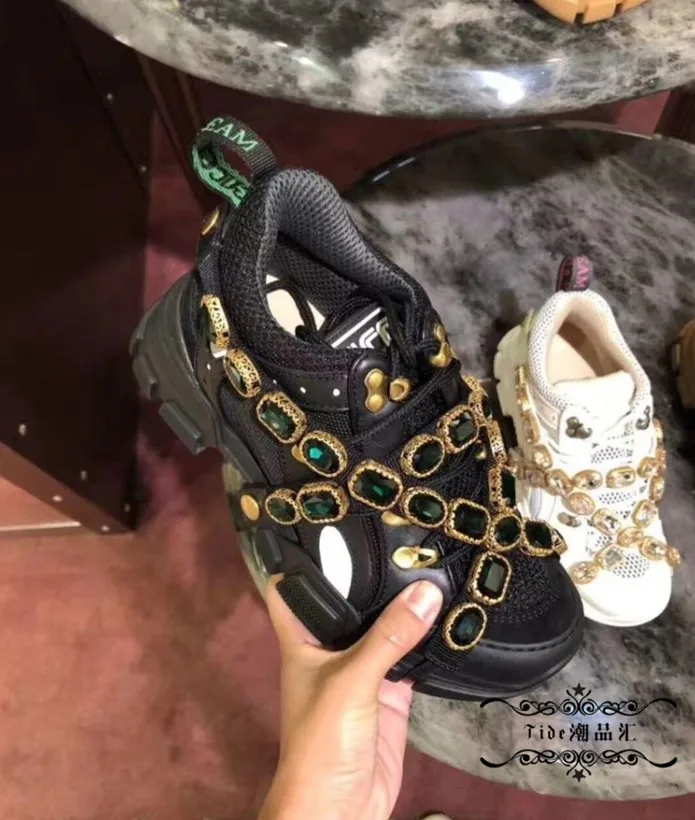 HOT Women Sneakers Cross Chains Crystal Sneakers Thick Heel Lace-up Woman Casual Shoes Luxury Design Patchwork Tennis Shoes