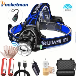 Lampe frontale à led avec capteur de mouvement, 3 modes d'éclairage, rotative à 90 °, étanche, rechargeable, avec 2 batteries 18650, pour le camping, 8000lm 