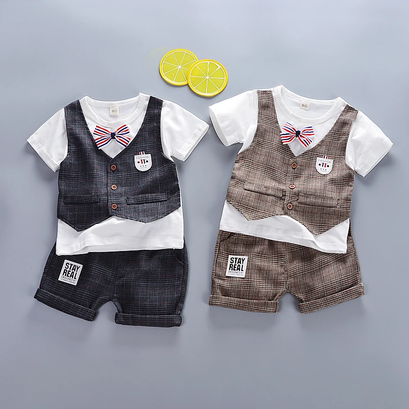 Летняя детская хлопковая одежда для маленьких мальчиков наряды для младенцев детский джентльменский ошейник с бантиком и футболка для девочек 2 шт./компл. модная одежда для малышей