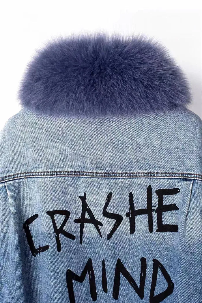 real fur coat Winter Jacket Women Coat Real fox Fur lined denim jacket Parka back letter print
