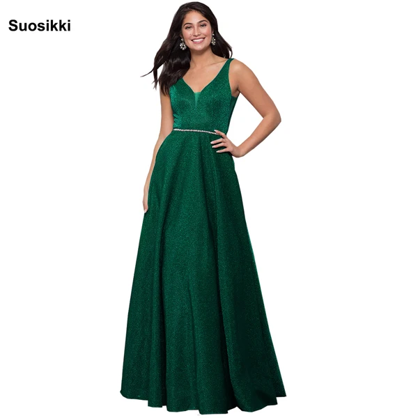 Robe De Soiree блестящее платье с v-образным вырезом длинное вечернее платье вечерние элегантные A Line блестящие Выпускные платья с поясом - Цвет: Зеленый