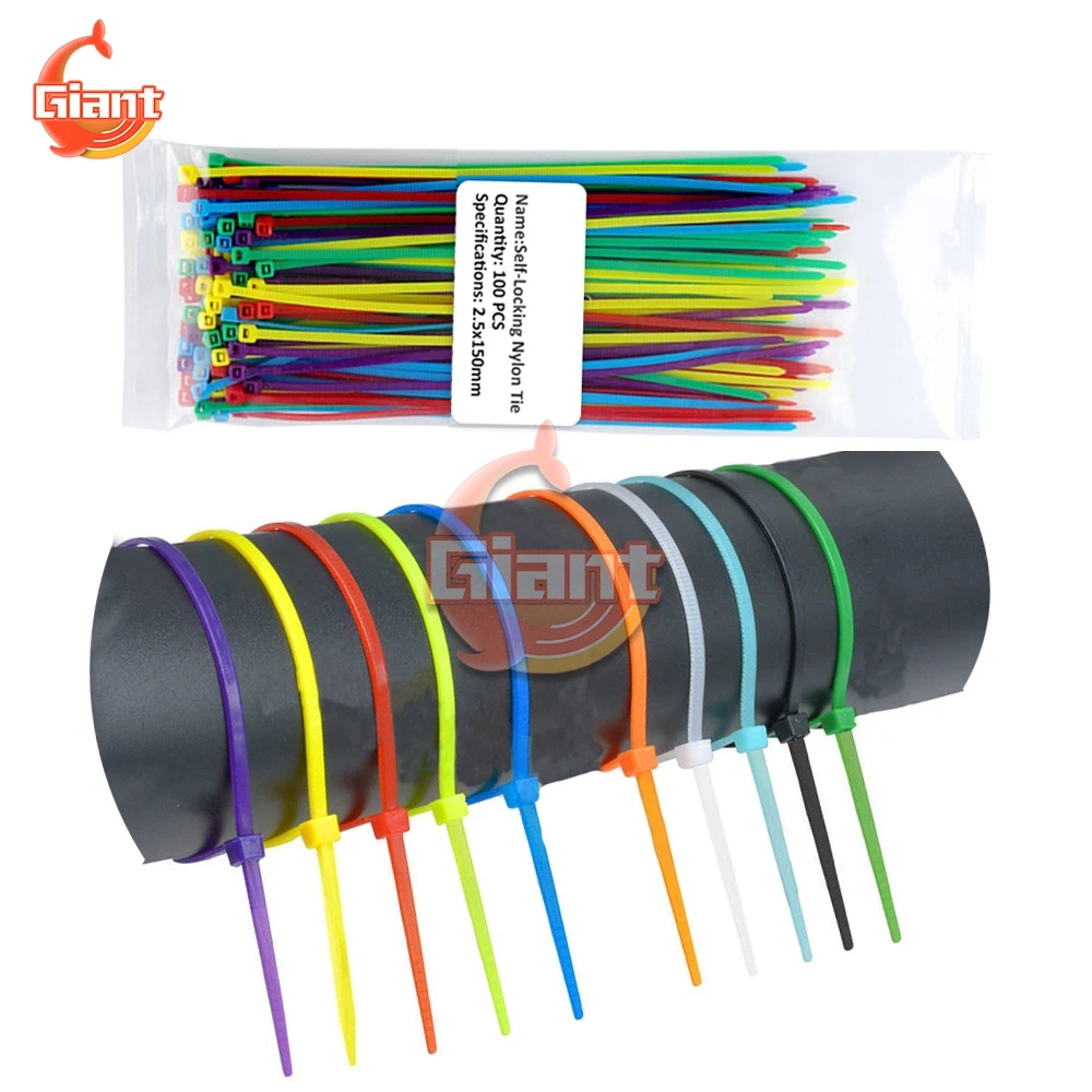 100PCS Self-Locking 2.5x100mm Assorted Coloured Nylon Plastic Cable Ties Zip Tie 