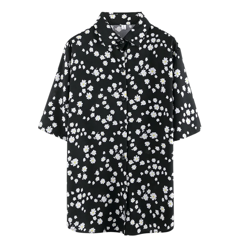 White Blouse Short Sleeve Casual Sunflower Print Blouse Turn Down Collar Lady Office Shirt Casual Loose Tops Plus Size Blusas