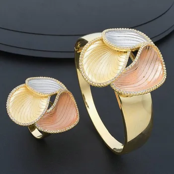 

Zlxgirl Fashion Dubai Jewelry Sets Gold Color Cubic Zirconia flowers Bangle Adjustable Ring Set