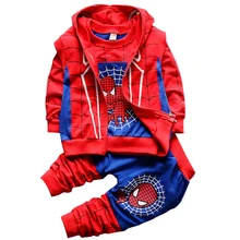 Новая детская одежда детские костюмы для мальчиков, весна-осень, комплект одежды из 3 предметов с рисунком Человека-паука, жилет с капюшоном+ Топ, рубашка, штаны спортивный костюм