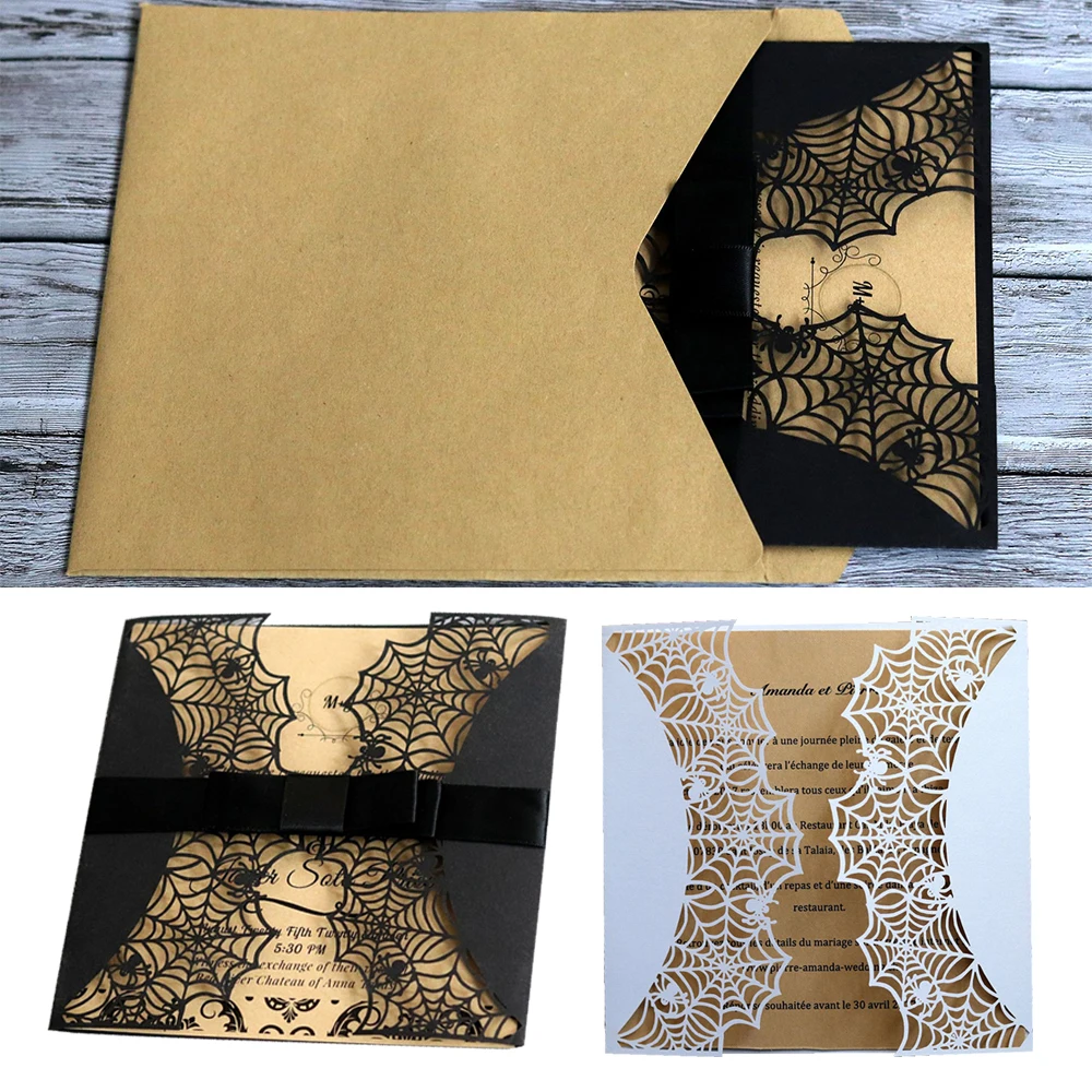  10pcs Halloween Laser Cut Greeting Card Cover Black Spider Web Invitations Halloween Cover Party Gi - 4.00013E+12
