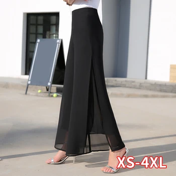 

Women's Summer Wide Leg Long Trousers Casual Vintage High Waist Chiffon Side Split Loose Bohemia Skirt Pants Capris Solid