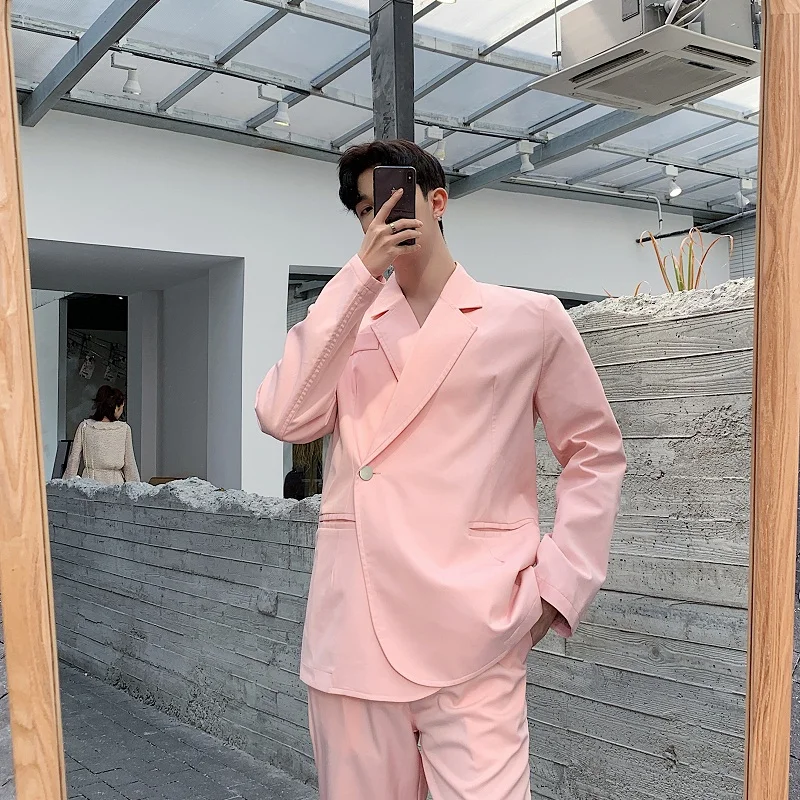 Мужской комплект из 2 предметов(куртка+ брюки), уличный Модный повседневный костюм, розовый блейзер, пиджак для мужчин и женщин, вечерние костюмы для выступлений на сцене