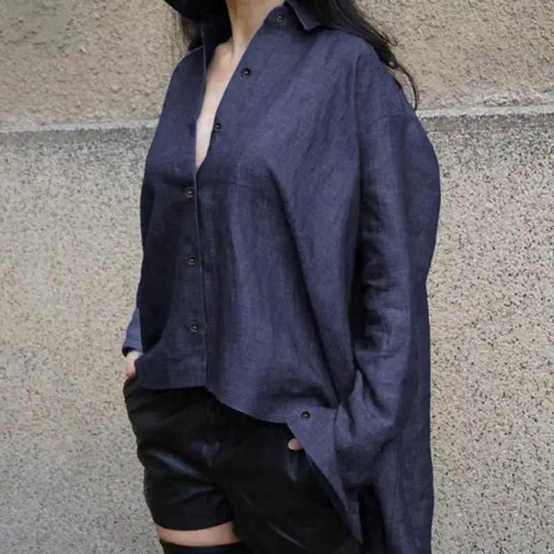 Dark Blue ZANZEA, осенние модные блузки, женские повседневные рубашки на высокой низкой подошве, свободные топы на пуговицах, офисные женские рубашки-туники с отворотом на шее - Цвет: Dark Blue
