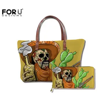 

FORUDESIGNS Wallet&Handbags Set Ladies Purse Large Capacity Mexican Skull Bear Guns Gothic Print Yellow Soft Leather Tote Bags