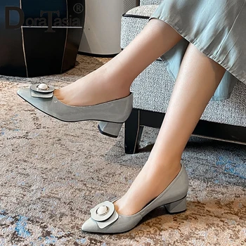 

DORATASIA Genuine Leather Solid Female Pumps Spring Pumps Women Pointed Toe Slip On Round Heels Casual Office Shoes Woman
