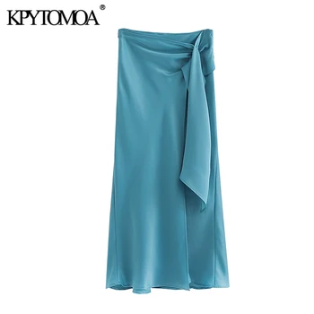

KPYTOMOA Women 2020 Chic Fashion With Knot Wrap Midi Skirt Vintage High Waist Front Slit Female Skirts Faldas Mujer