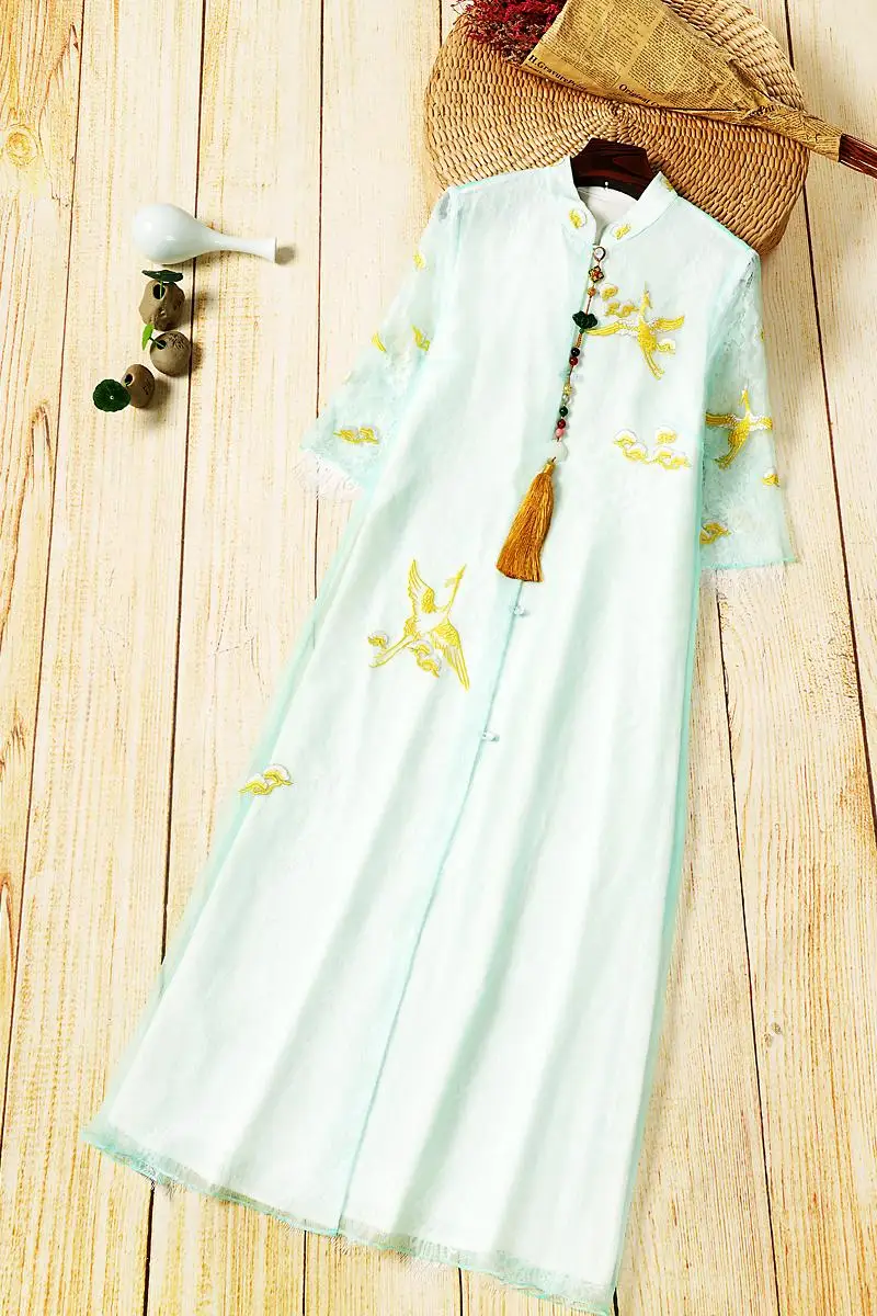 Длинное платье в традиционном китайском стиле hanfu, хлопковое, с вышивкой, с коротким рукавом, женское платье hanfu в древнем народном стиле, халат, костюм
