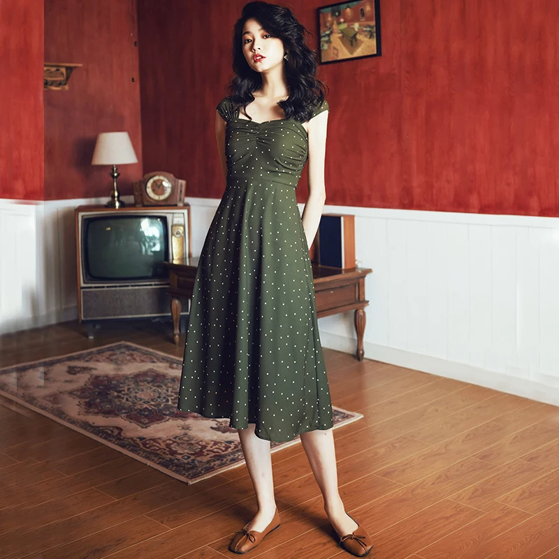 

MUMUZI Retro Polka Dot Print French Dress Waist Slim Army Green Holiday dresses vintage style backless sexy women dress