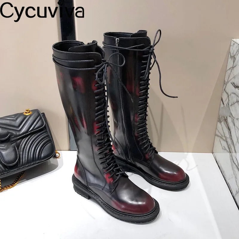 Western Luxury Genuine leather Women Long Boots Front Lace Up Flat Knee high boots women Leather Buckle Knight boots botas mujer