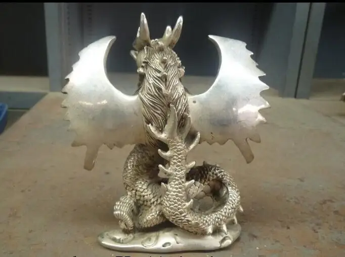 Счастливый Китайский Fengshui Серебряный дом Летающий дракон статуя фигурка
